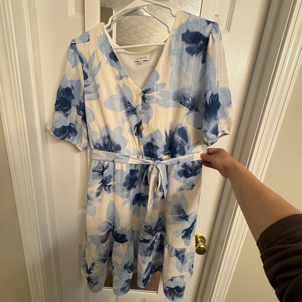 Luxology Cream and Blue Floral Tie-Waist V-Neck Dress
